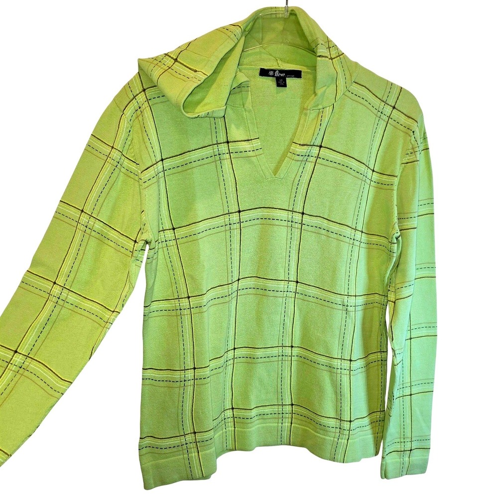 VTG Neve Designs Hoodie Sweater Pullover Womens Large Light Green Plaid V-Neck - Picture 3 of 9